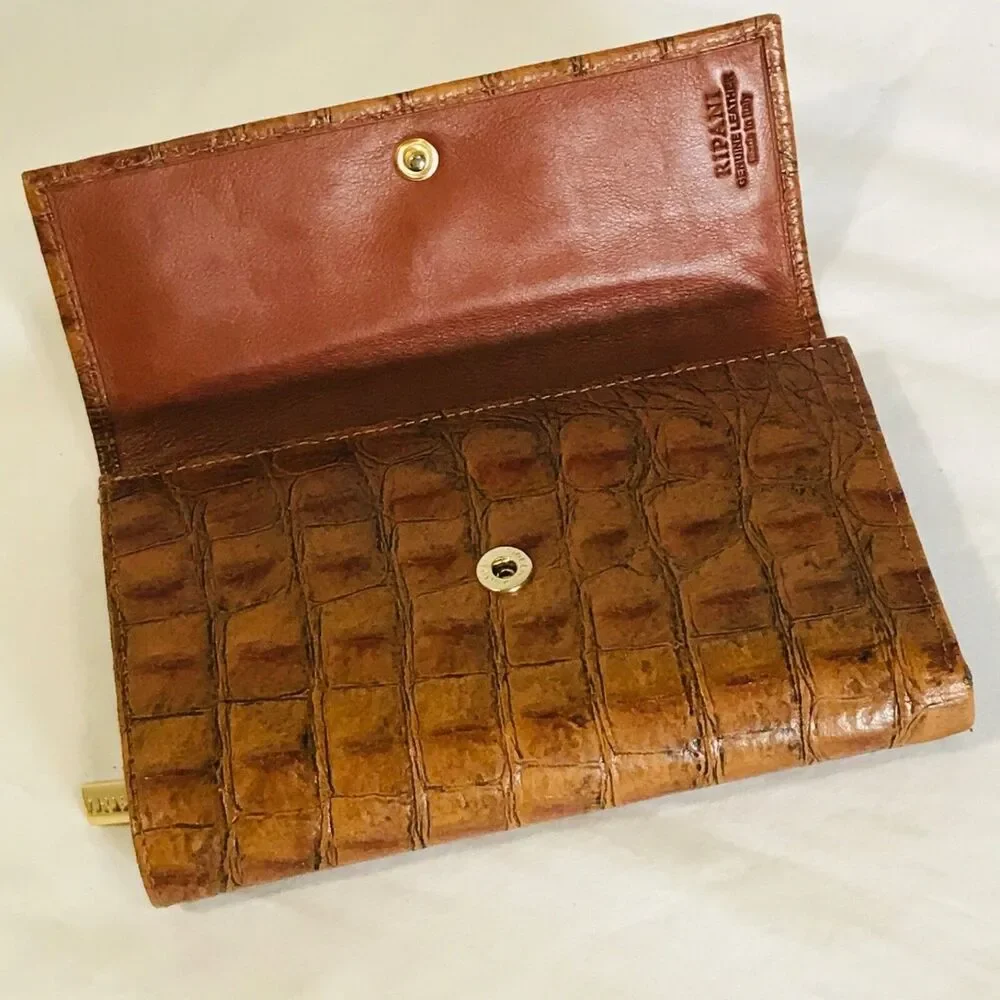 Ripani Italy Wallet Trifold Genuine Leather Embossed Crocodile Clutch Brown
